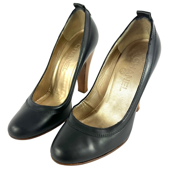 CHANEL Interlocking CC Black Leather Vintage Heeled Pumps Made in Italy 36-6US - Picture 4 of 16